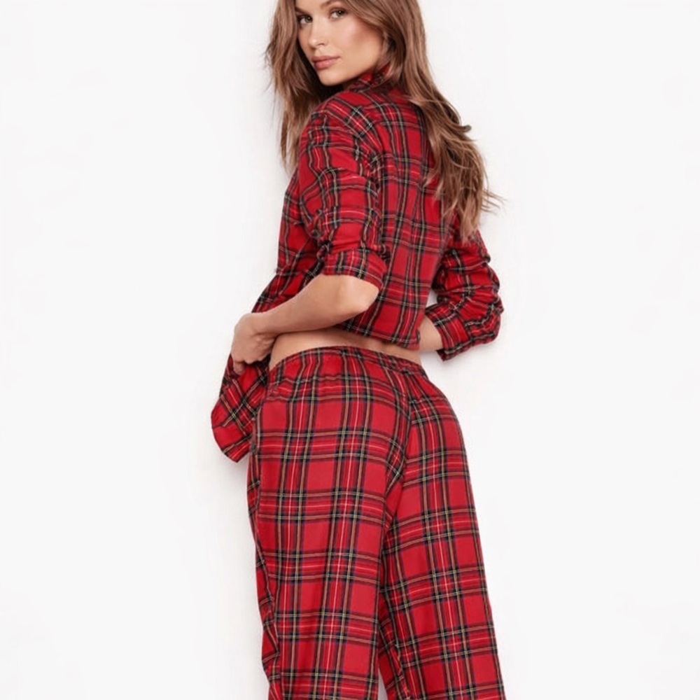 Victoria’s Secret Red Plaid Flannel Pajama Set XS Button Up Cozy Sleepwear